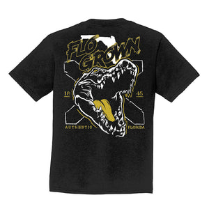 Black youth tee with a gator opening it's mouth with a Florida flag behind it all in a yellow outline.