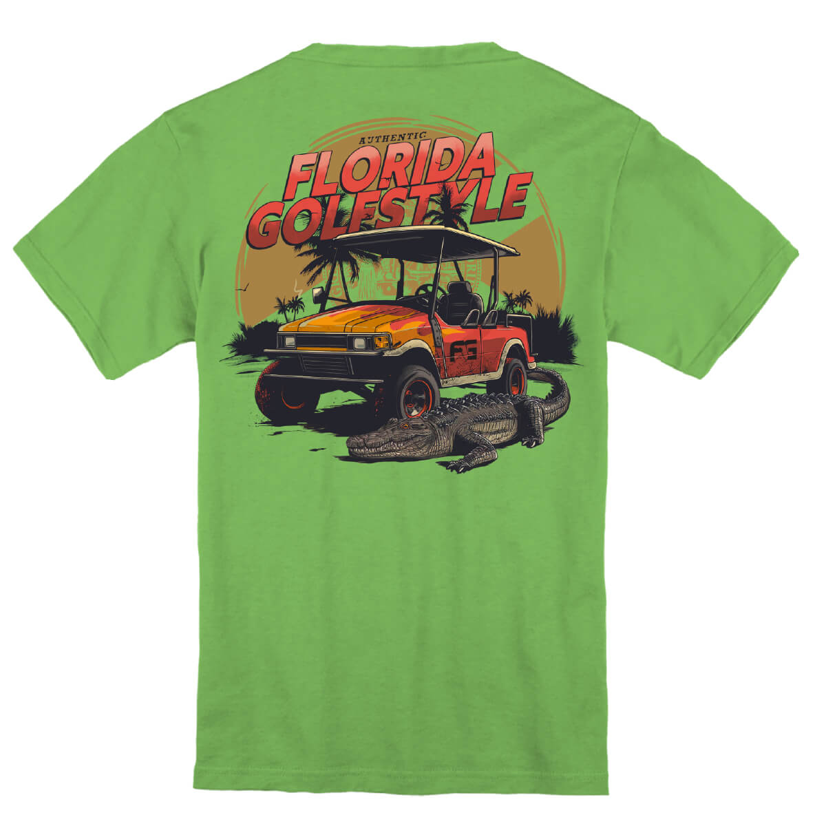 Green t-shirt with a graphic of a golf cart and alligator, and 'Florida Golf Style' text.