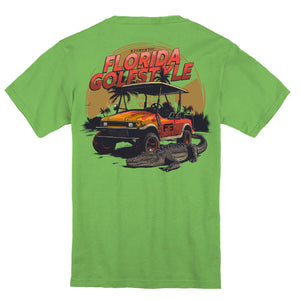 Green t-shirt with a graphic of a golf cart and alligator, and 'Florida Golf Style' text.