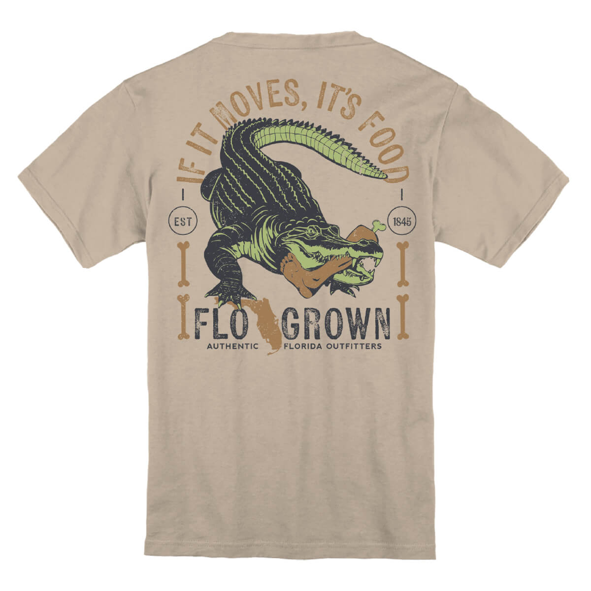 Beige t-shirt with a graphic of a alligator with a foot in its mouth and text 'IF IT MOVES, IT'S FOOD'.