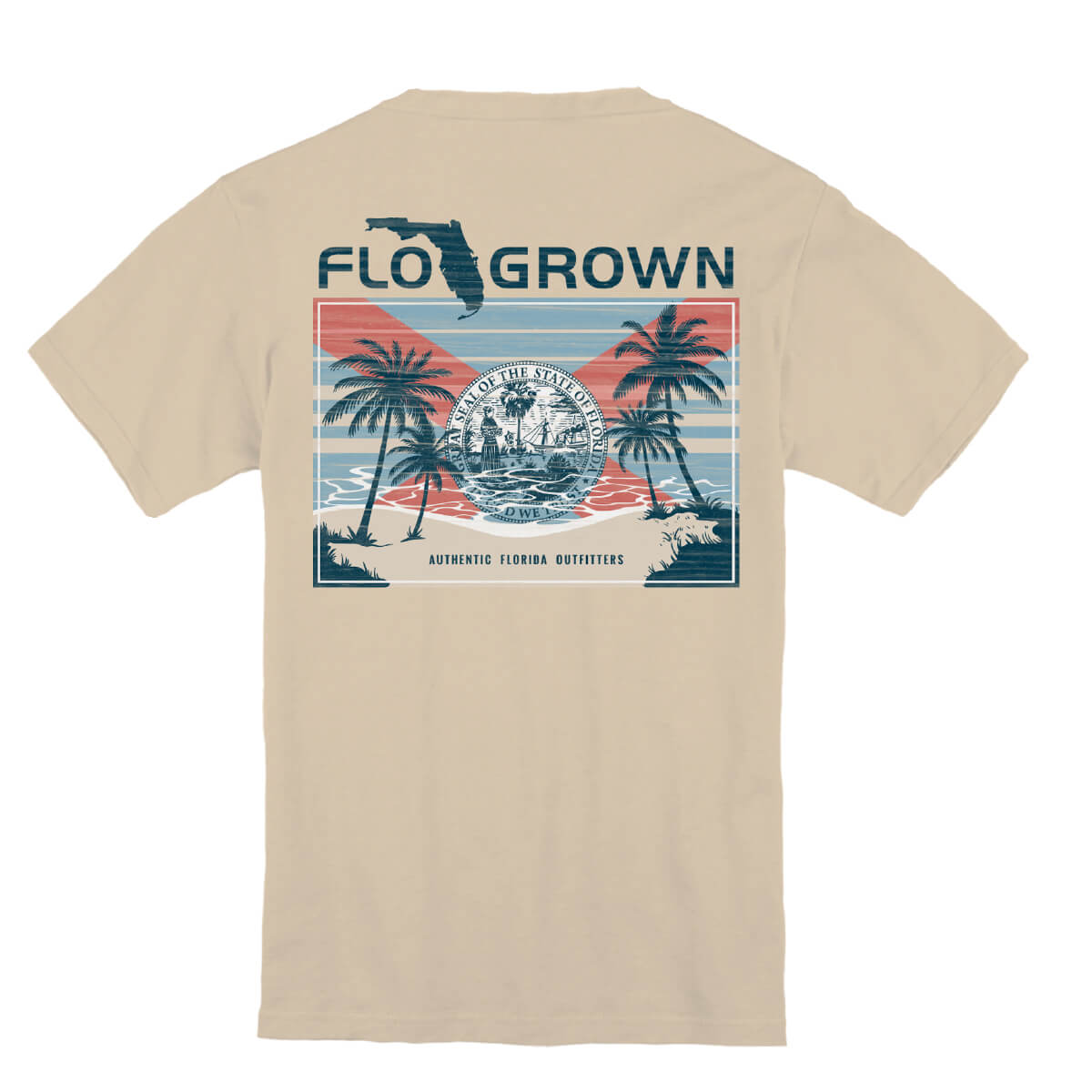 Beige youth tee with a Florida flag rising as the sunset on the ocean with palm trees.