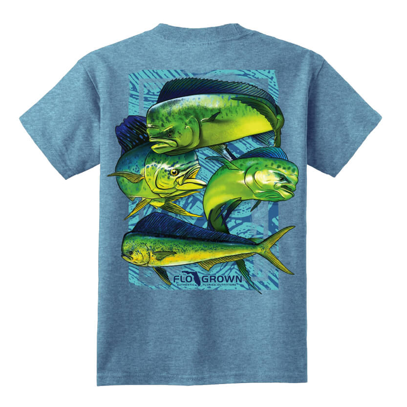 Blue youth tee with multiple dolphin fish on the back.