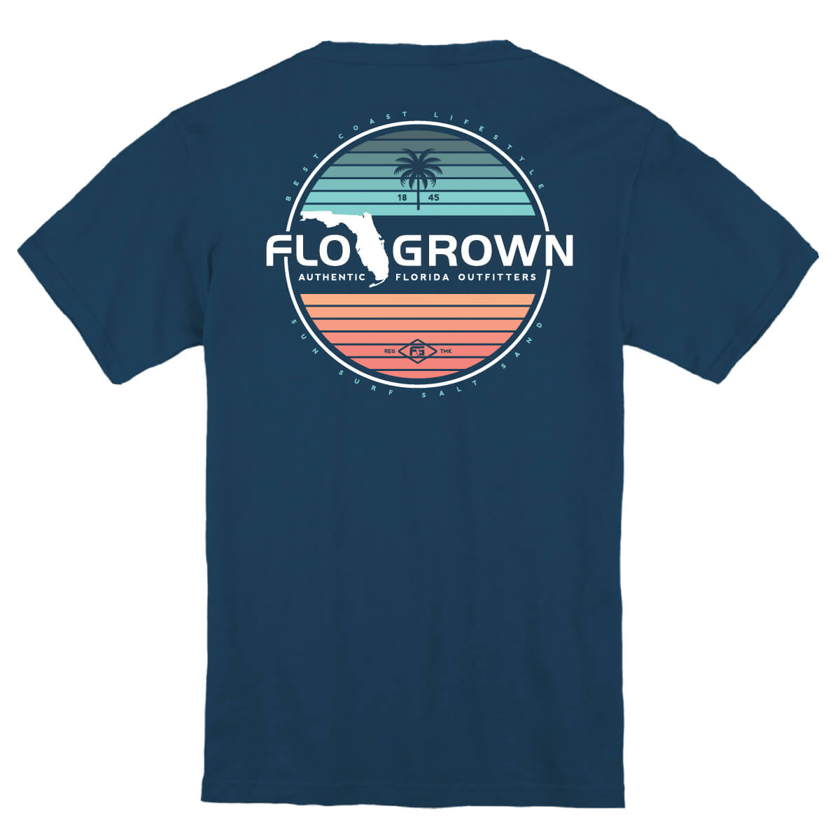 Navy blue t-shirt with 'FLO GROWN' graphic on the back with lines indicating a sunset.