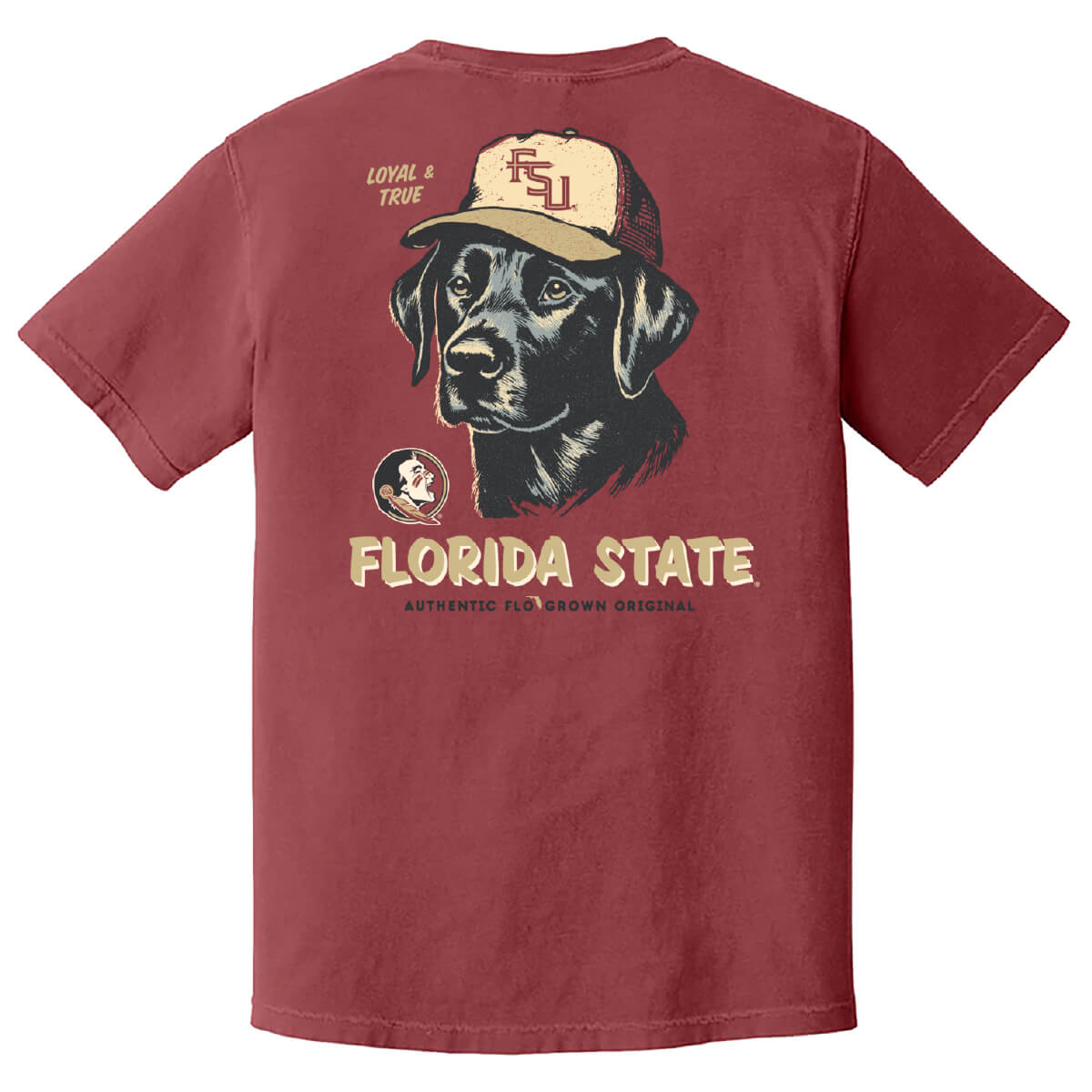 Red tee with a dog wearing a hat with the FSU logo on it.