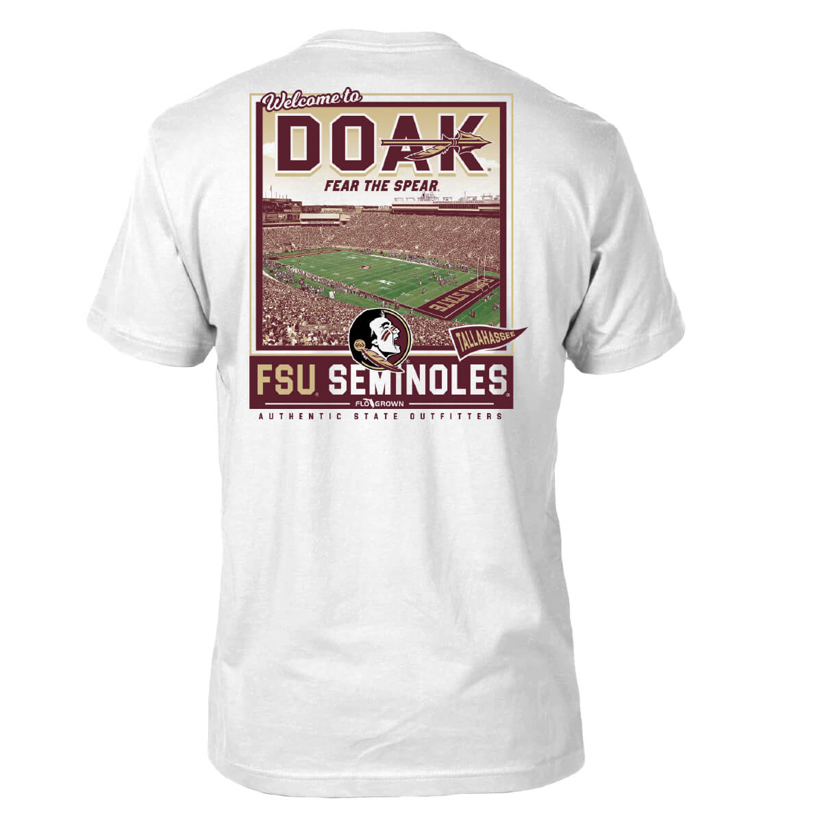 White tee with a graphic of the FSU stadium and text 'WELCOME TO DOAK FEAR THE SPEAR' on the back.