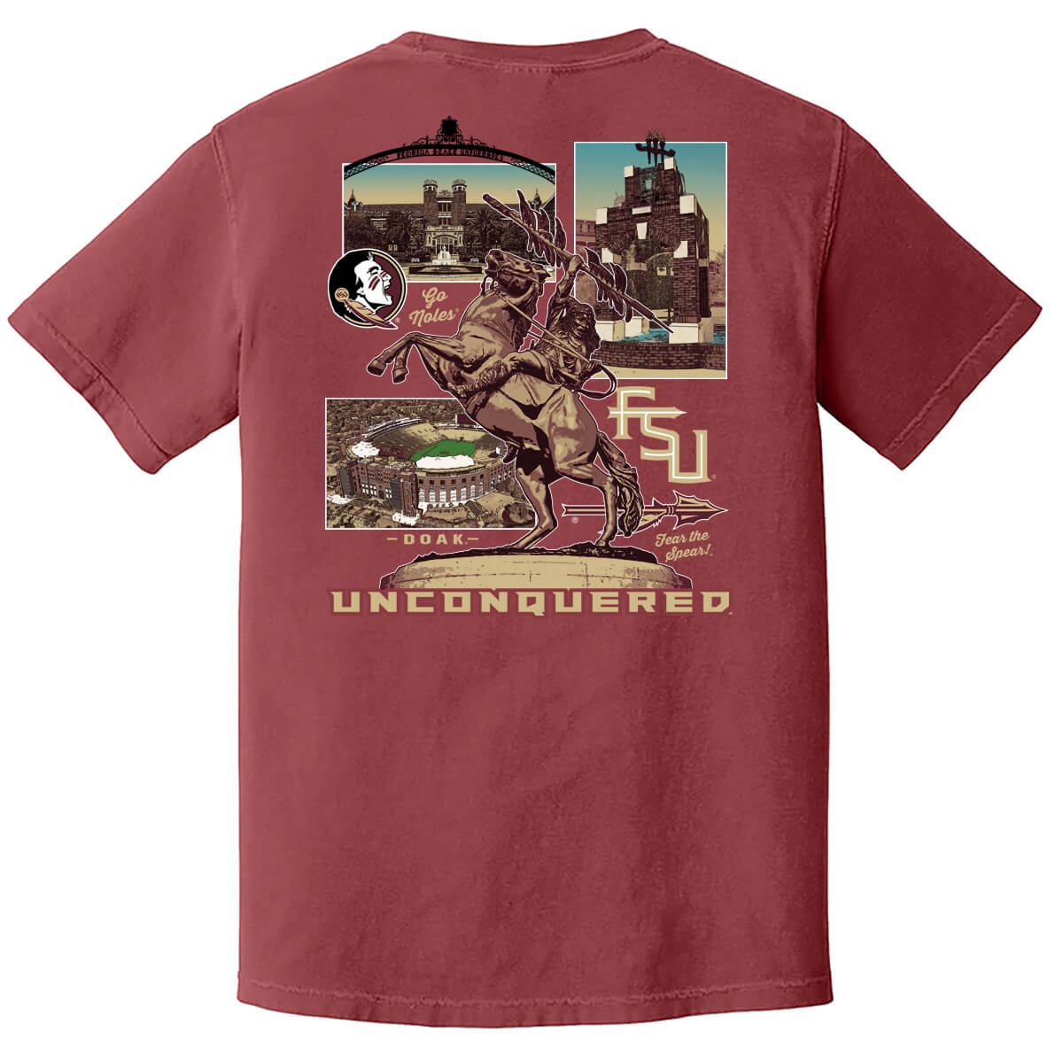 Red shirt with a 3 panel graphic on the back of different parts of the FSU campus with a Seminole on a horse in the middle.