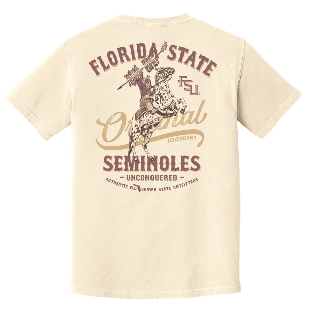 Beige tee with a graphic of a seminole on a bucking horse with the text 'FLORIDA STATE SEMINOLES' on the back.