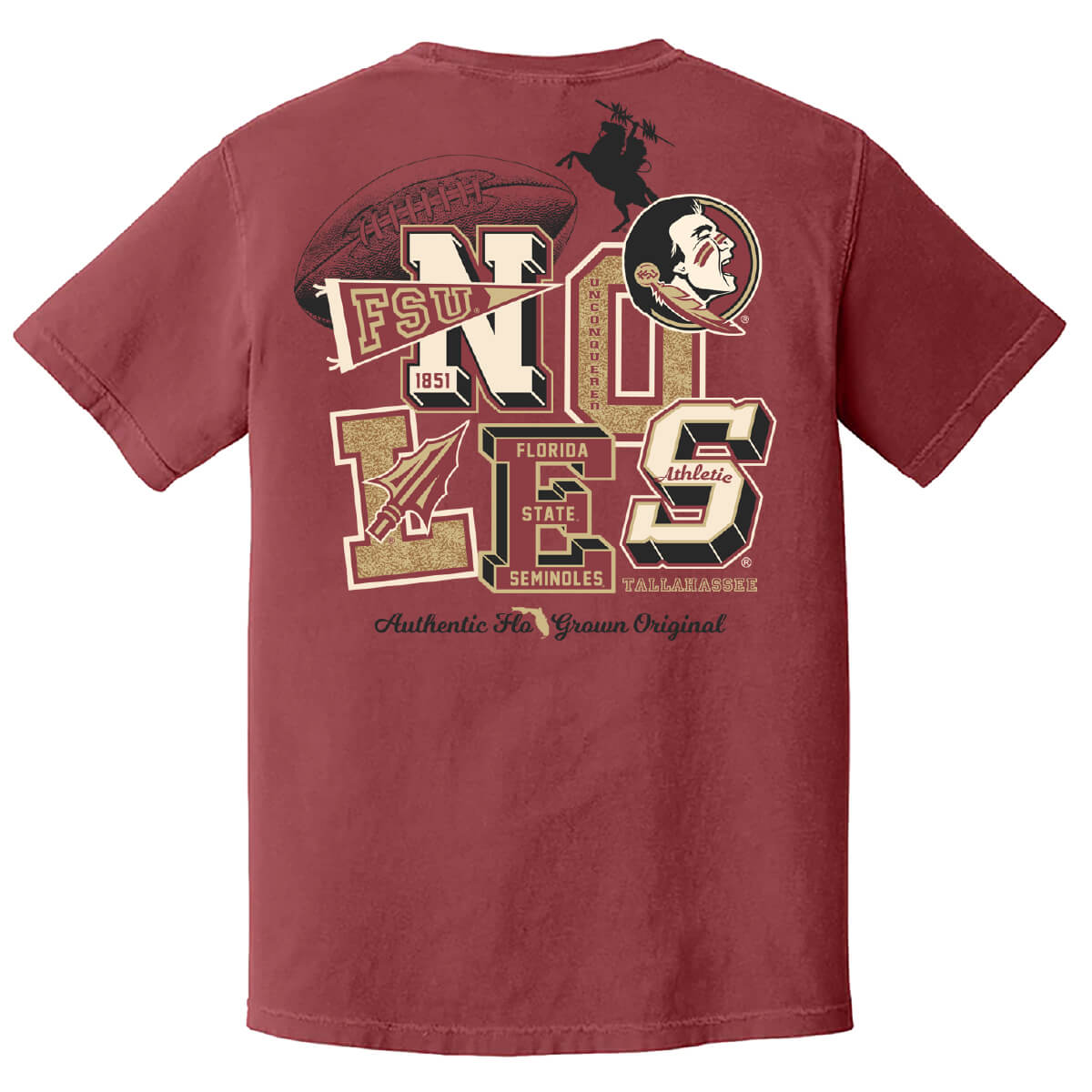 Maroon shirt with a graphic of 'NOLES' on the back with different football-themed objects.