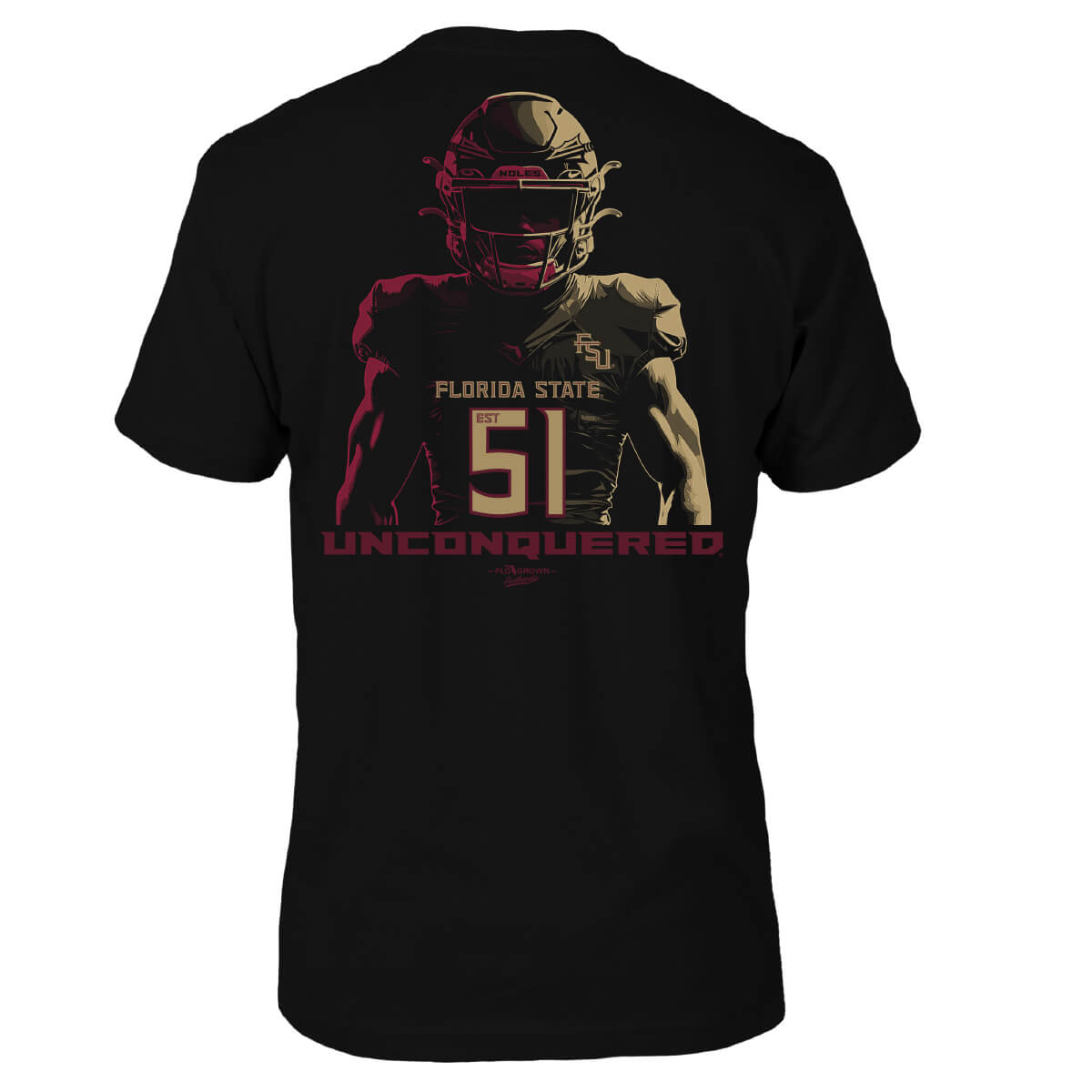 Black tee with a graphic of a football player in red and gold light with 'UNCONQUERED' text at the bottom.
