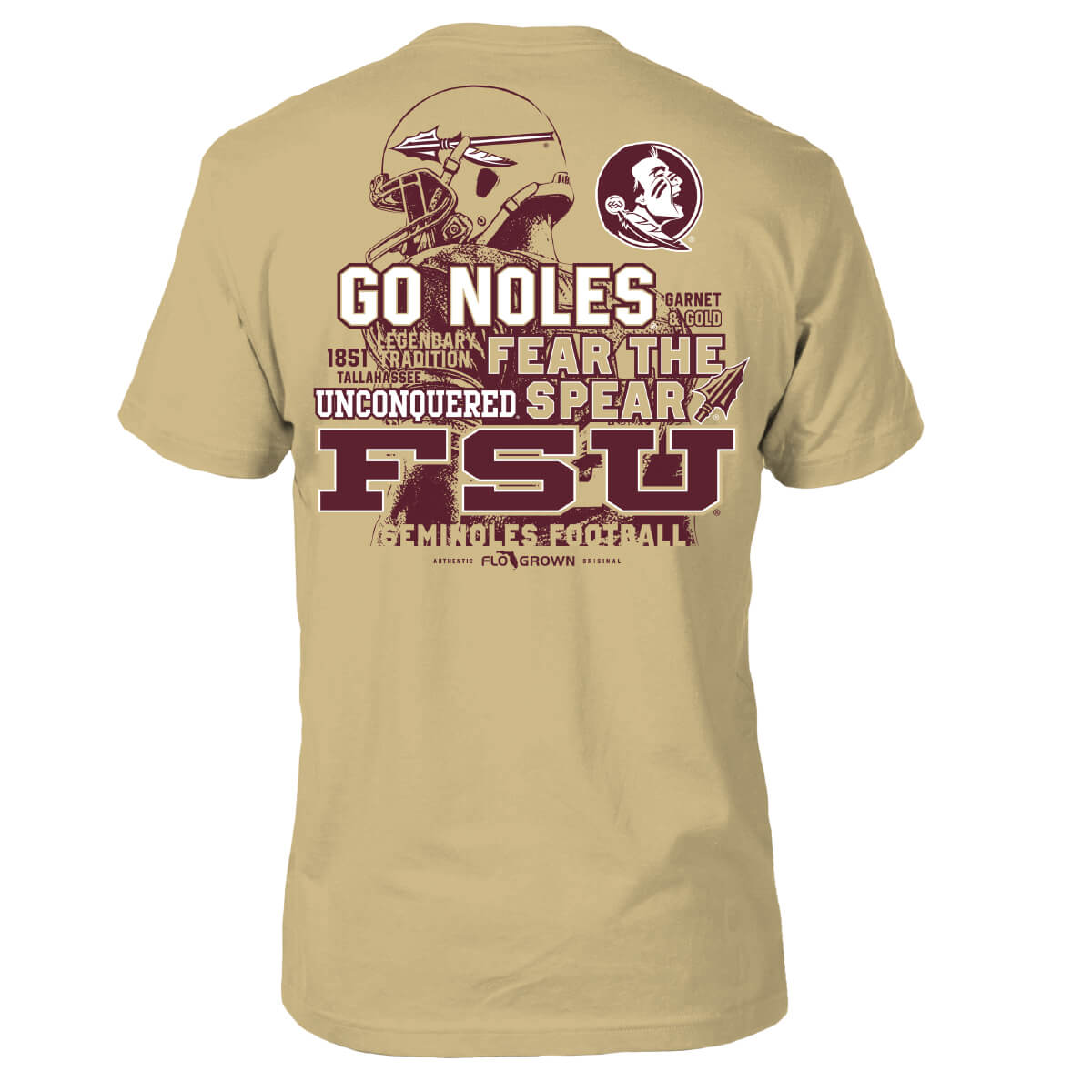 Gold tee with a graphic of a football player on the back and football related text like 'GO NOLES' and the FSU logo.