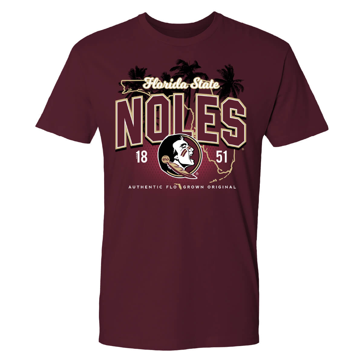 Maroon tee with a graphic of the state of Florida with the FSU logo and text 'NOLES' on the front.