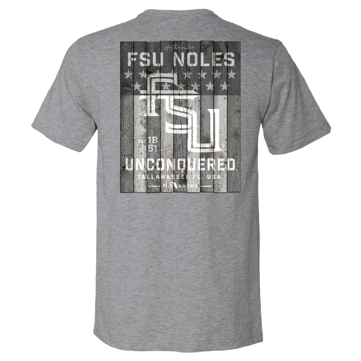 Heather gray tee with a graphic of a vertical American flag made of wood and the text 'FSU NOLES' with the FSU logo on the back.