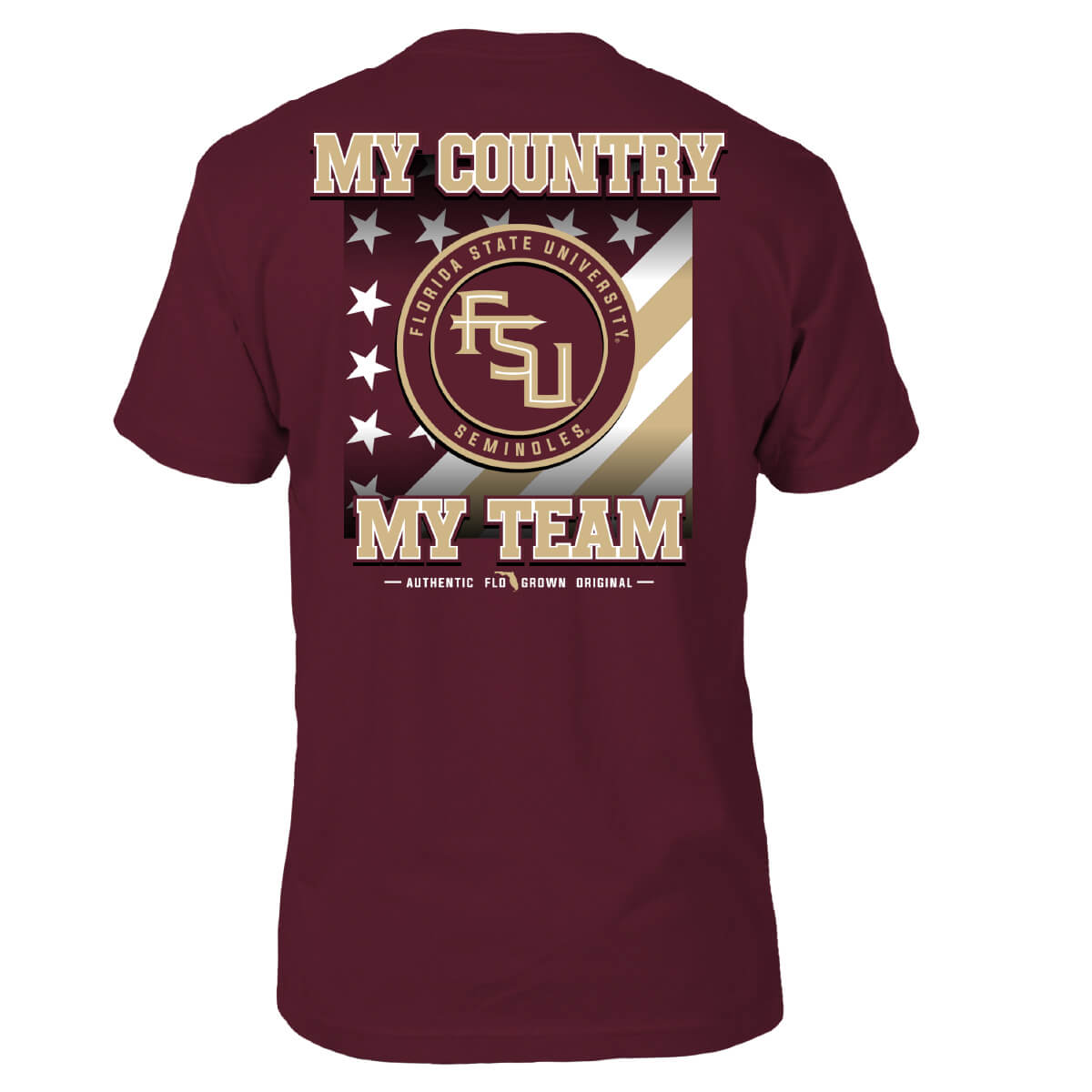 Red shirt with an American flag on the back in red and gold with text 'MY COUNTRY MY TEAM' and the FSU logo in the middle.