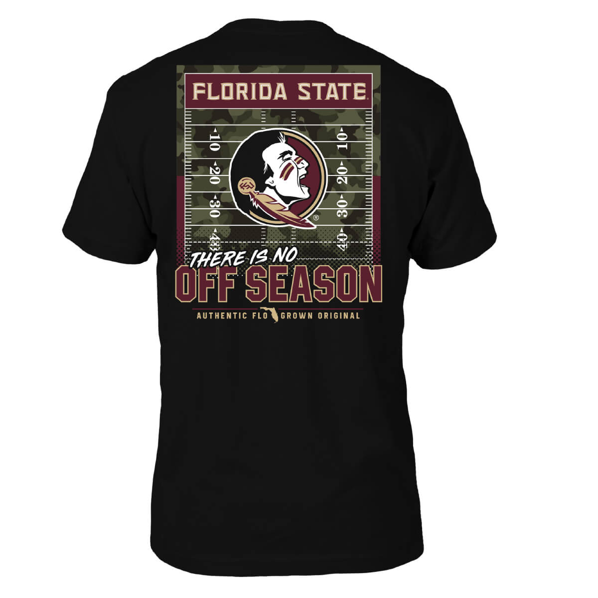 Black tee with a football field graphic with a camo background and the FSU logo in the center.