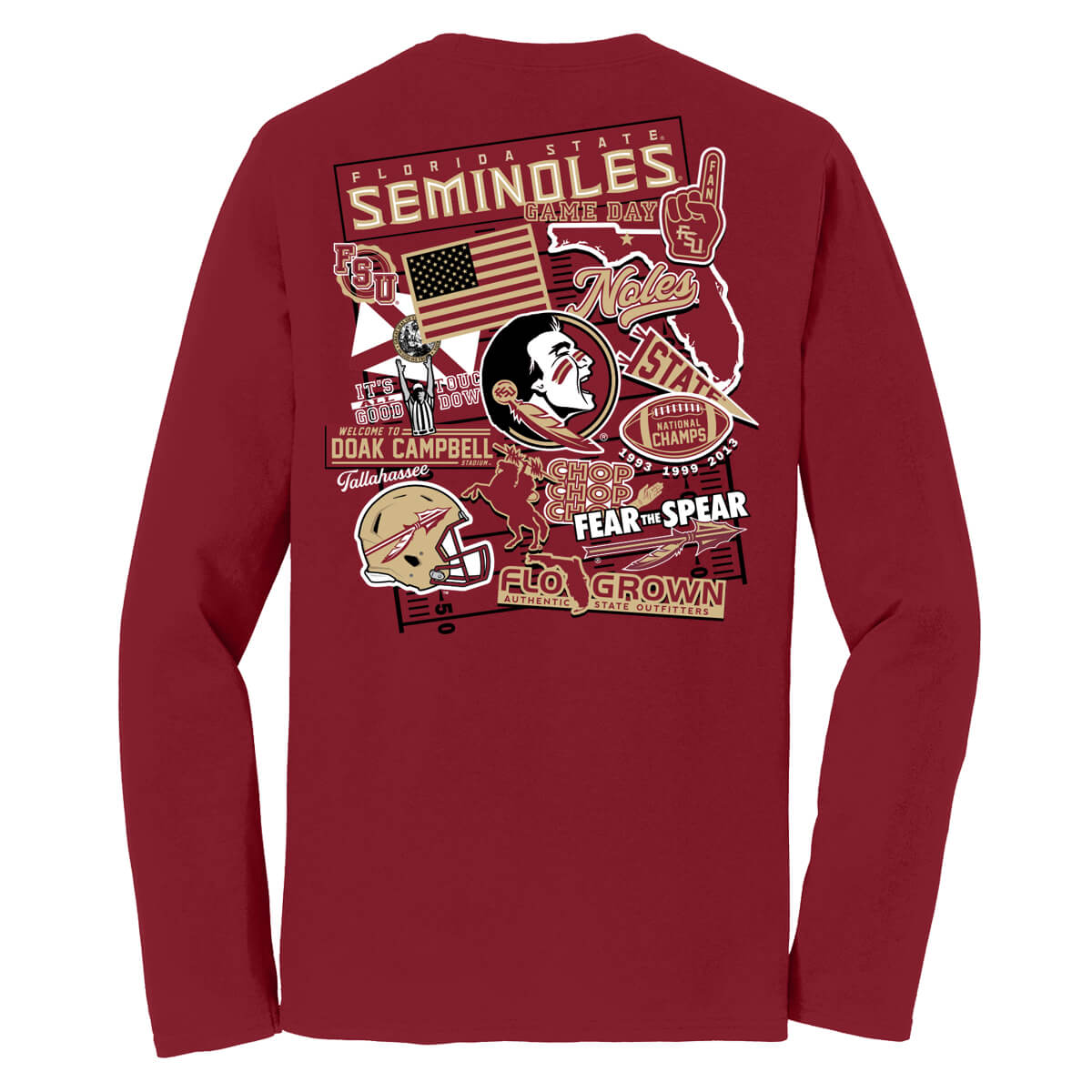 Red long-sleeve shirt with Florida State Seminoles stickers in a collage formation on the back.