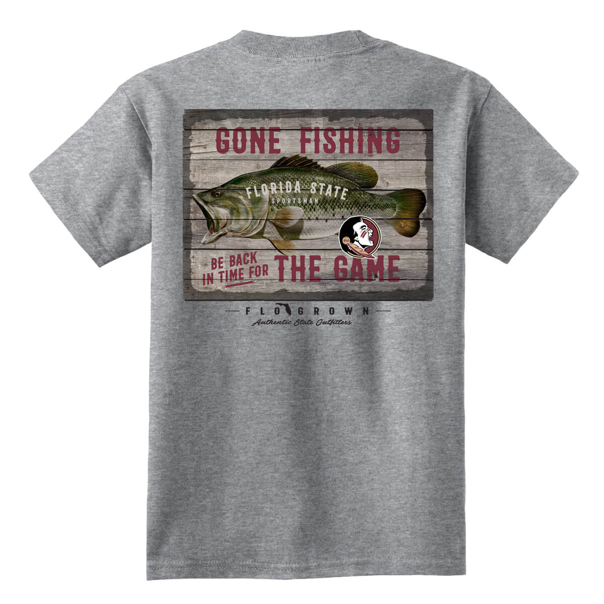 Gray youth tee with a bass fish on a wood sign on the back.