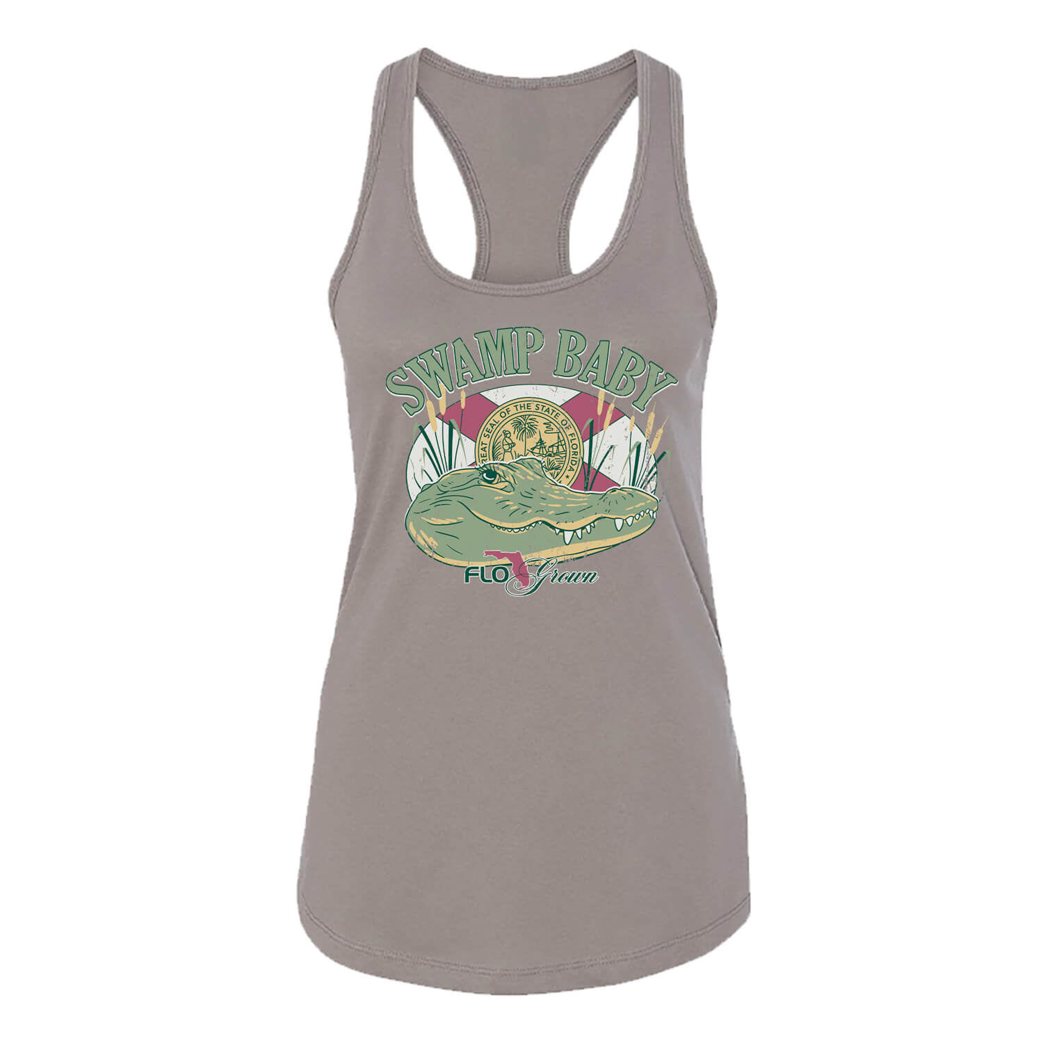 Gray tank top with an alligator graphic and text on a white background