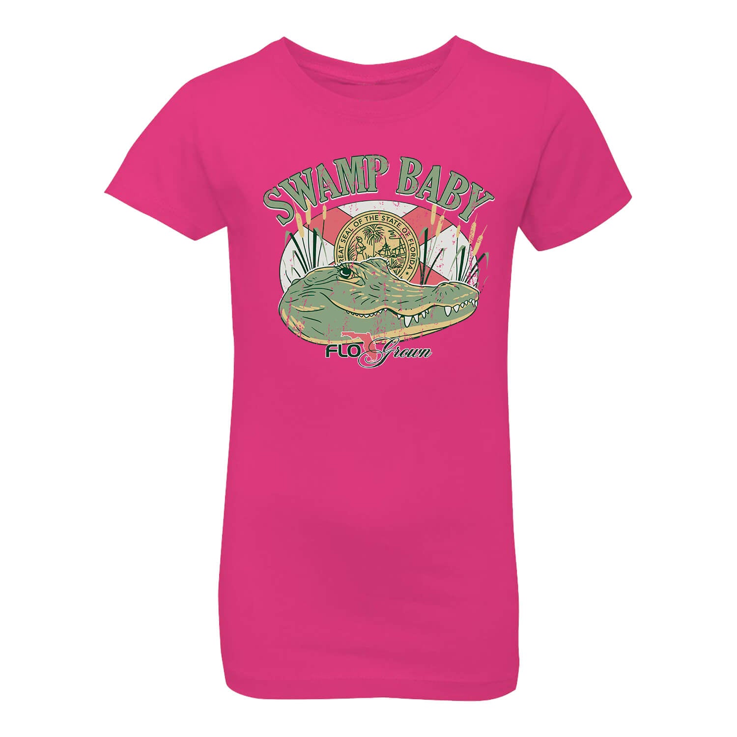 Pink t-shirt with 'Swamp Baby' graphic design featuring an alligator on a white background
