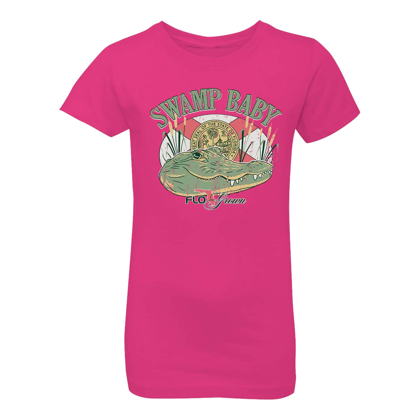 Pink t-shirt with 'Swamp Baby' graphic design featuring an alligator on a white background