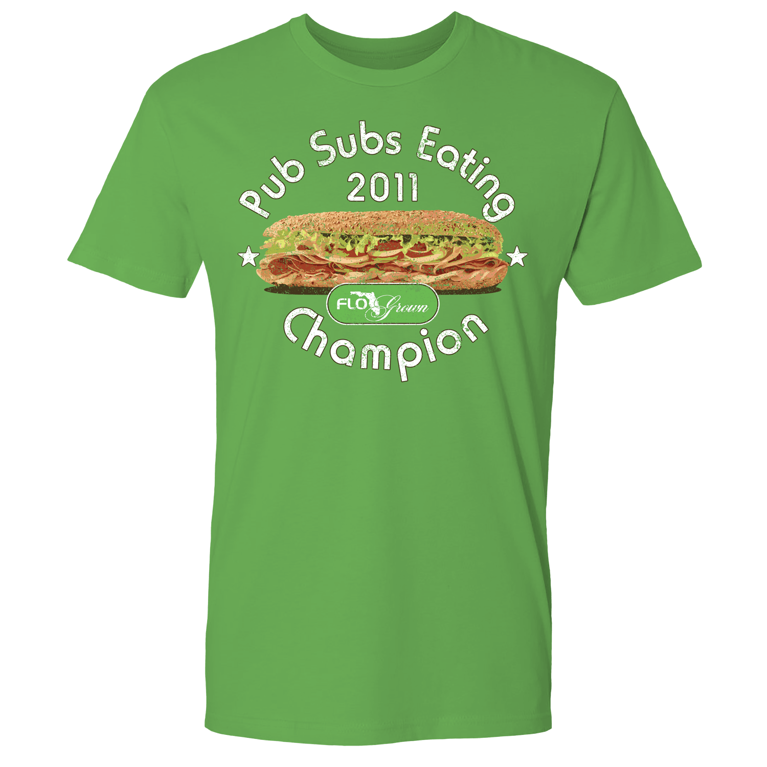 Green tee with text reading 'Pub Subs Eating Champion 2011' with a picture of a sub on the front.