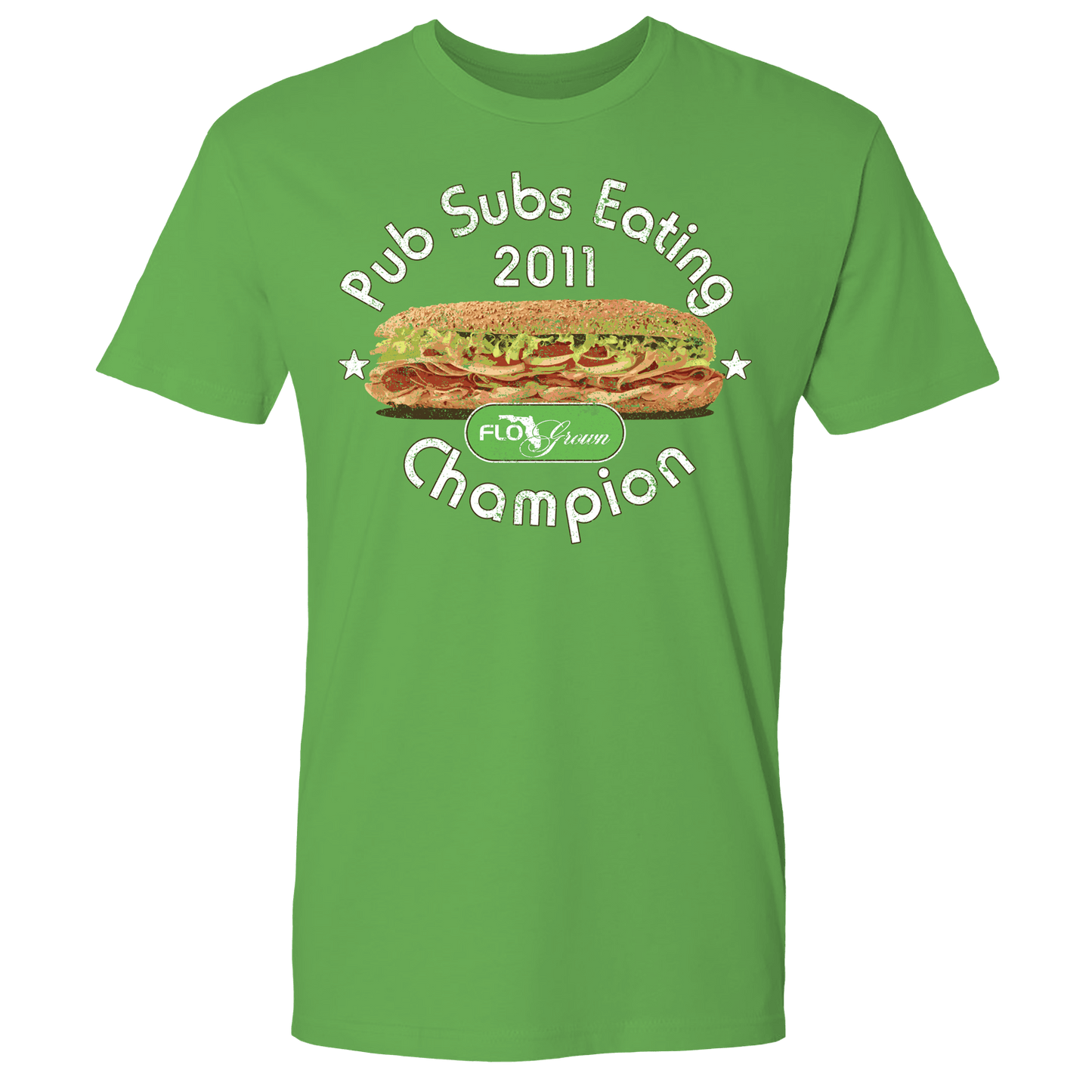 Green tee with text reading 'Pub Subs Eating Champion 2011' with a picture of a sub on the front.