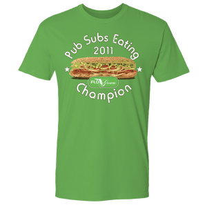 Green tee with text reading 'Pub Subs Eating Champion 2011' with a picture of a sub on the front.