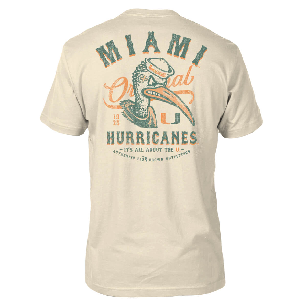 Tan tee with the Miami Hurricanes mascot in the center with text 'MIAMI HURRICANES' on top and bottom in green.