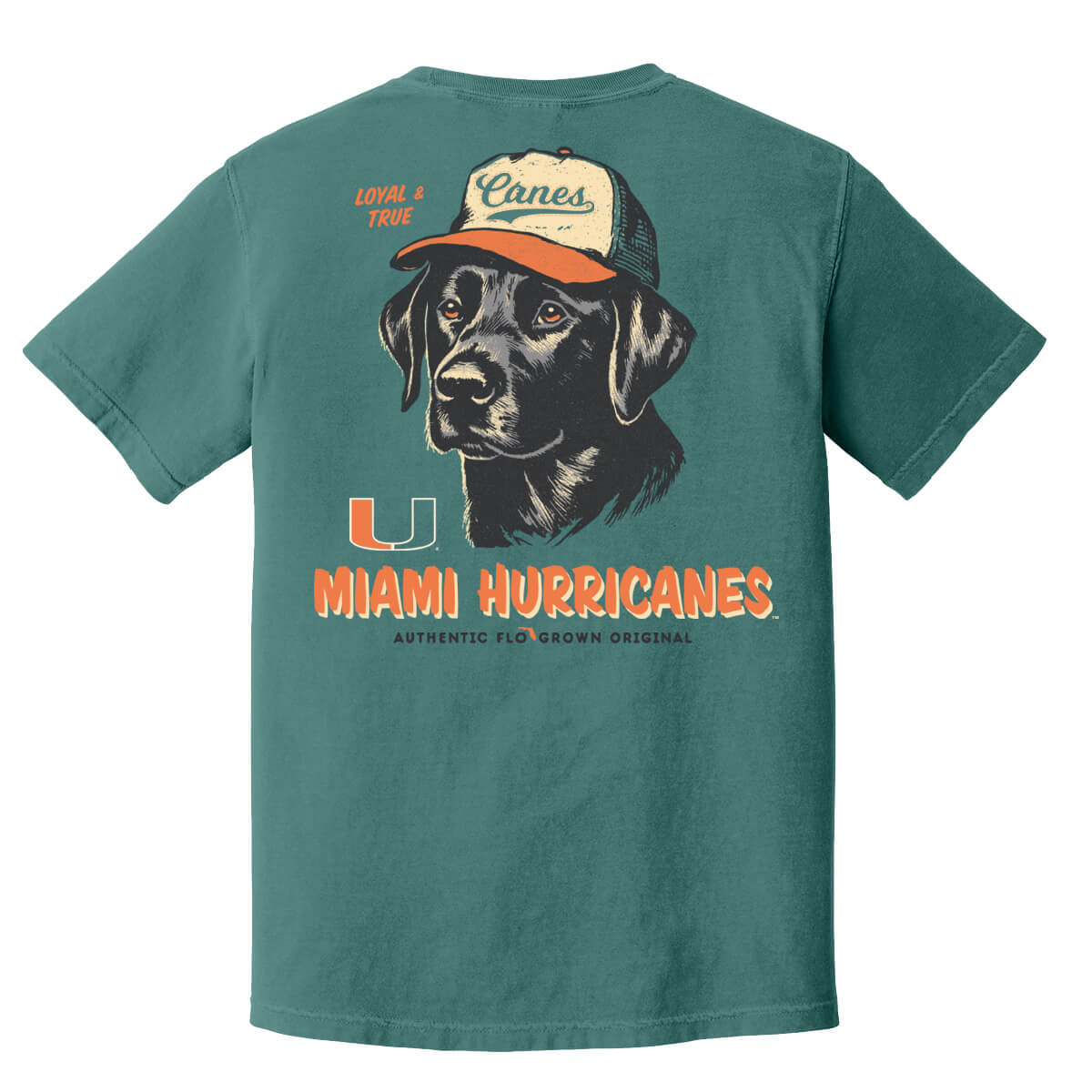 Green tee with a graphic of a dog wearing a hat with the text 'Canes' on it and under the graphic text 'MIAMI HURRICANES'.