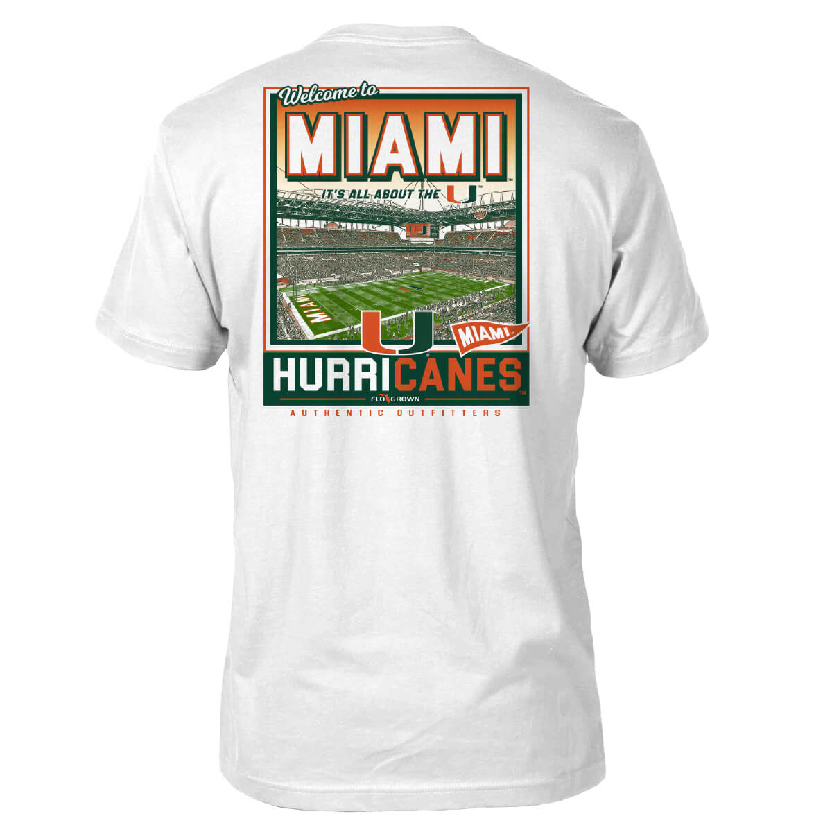 White tee with a graphic of the football stadium of the Miami Hurricanes on the back in the style of a poster.