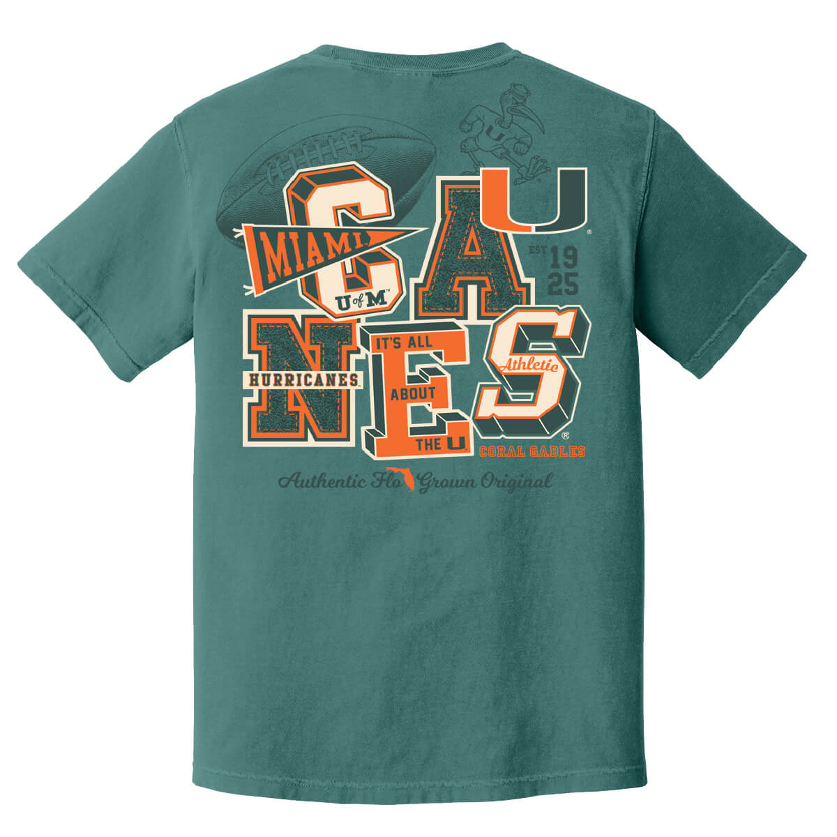 Green tee with various football graphics and the word 'CANES' spelled out on the back.