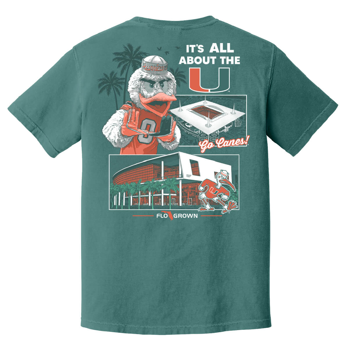 Tuquoise tee with a graphic of different pictures frames of the Miami Hurricanes campus and the mascot holding up the U.