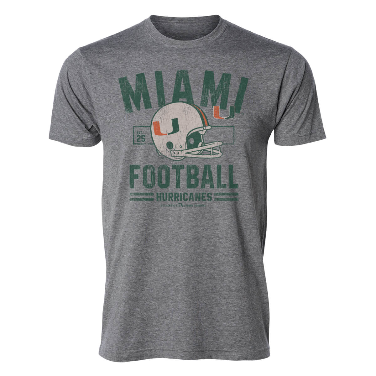 Heathered gray tee with green text on the front reading 'miami football hurricanes' and a graphic of a football helmet.