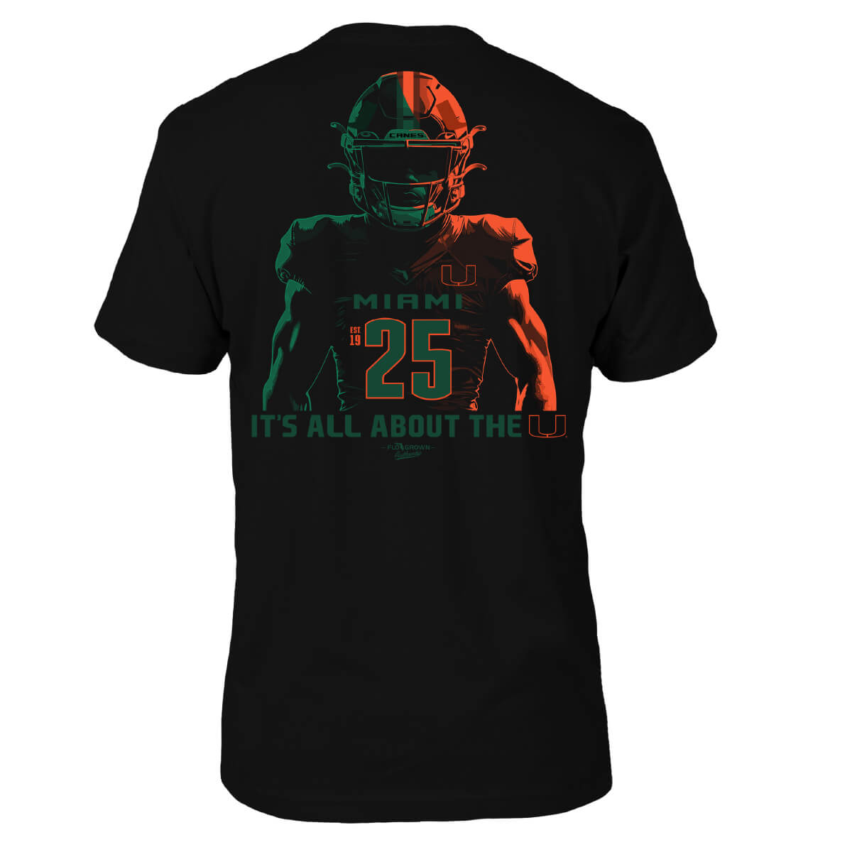 Black tee with an image of a football player in green and orange light with the text 'IT'S ALL ABOUT THE U'.