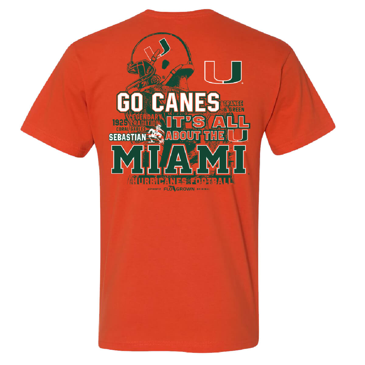 Orange tee with scattered football related text over a graphic of a football player with the UM logo on the helmet.