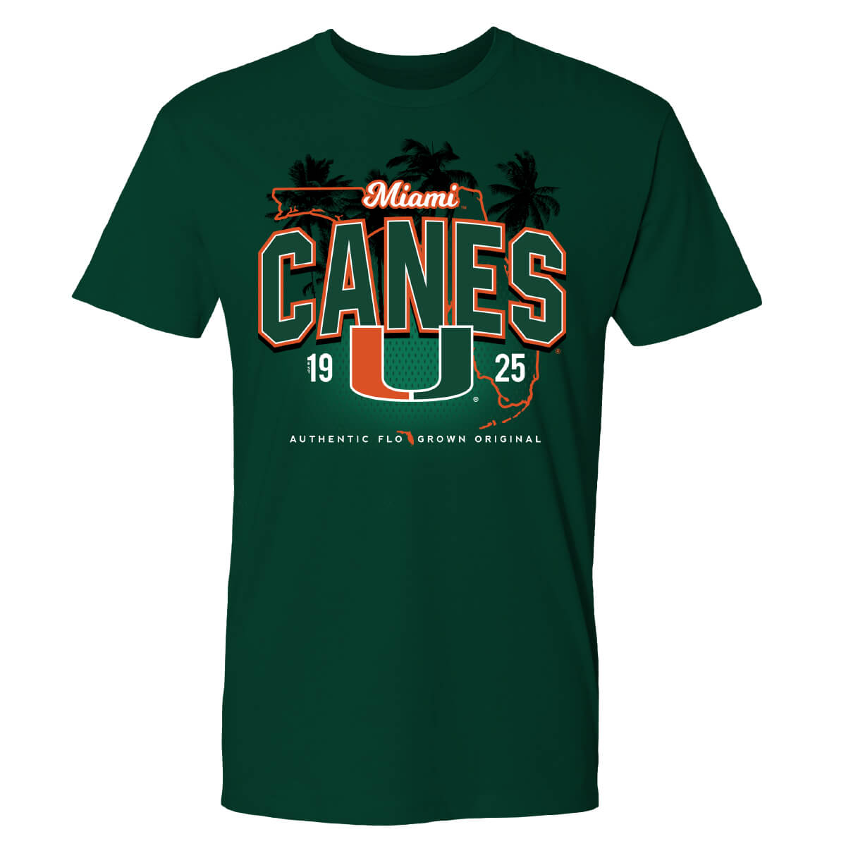 Green tee with text 'CANES' on the front over a silhouette of Florida with palm trees in the background the the UM logo at the bottom.