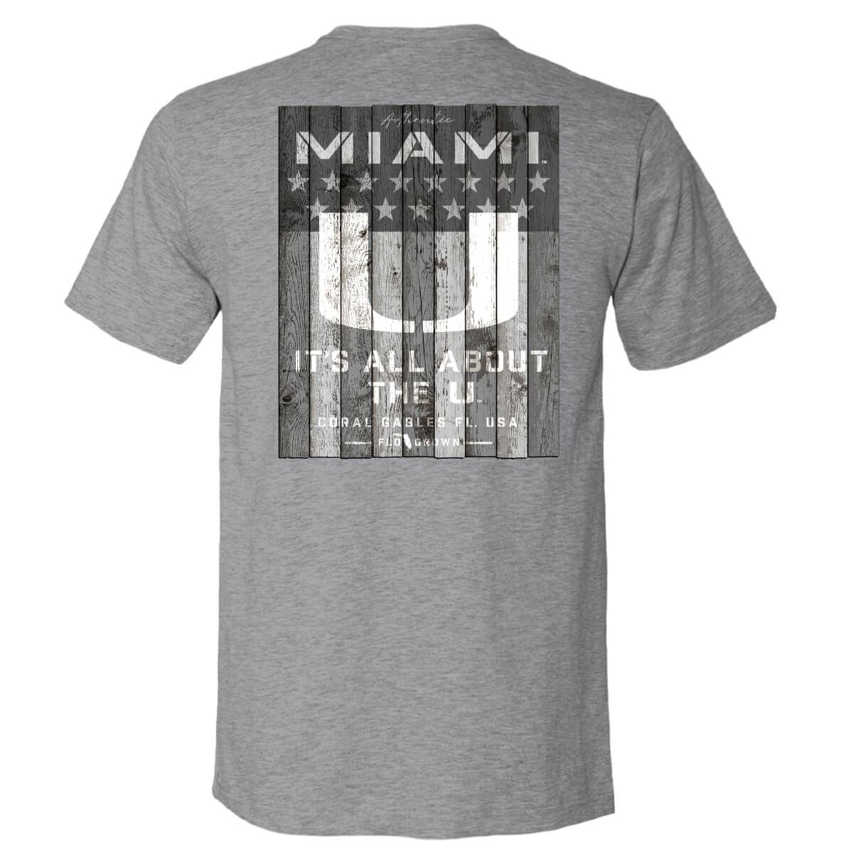 Gray tee with a vertical wood graphic with the USA flag and the text 'IT'S ALL ABOUT THE U'.