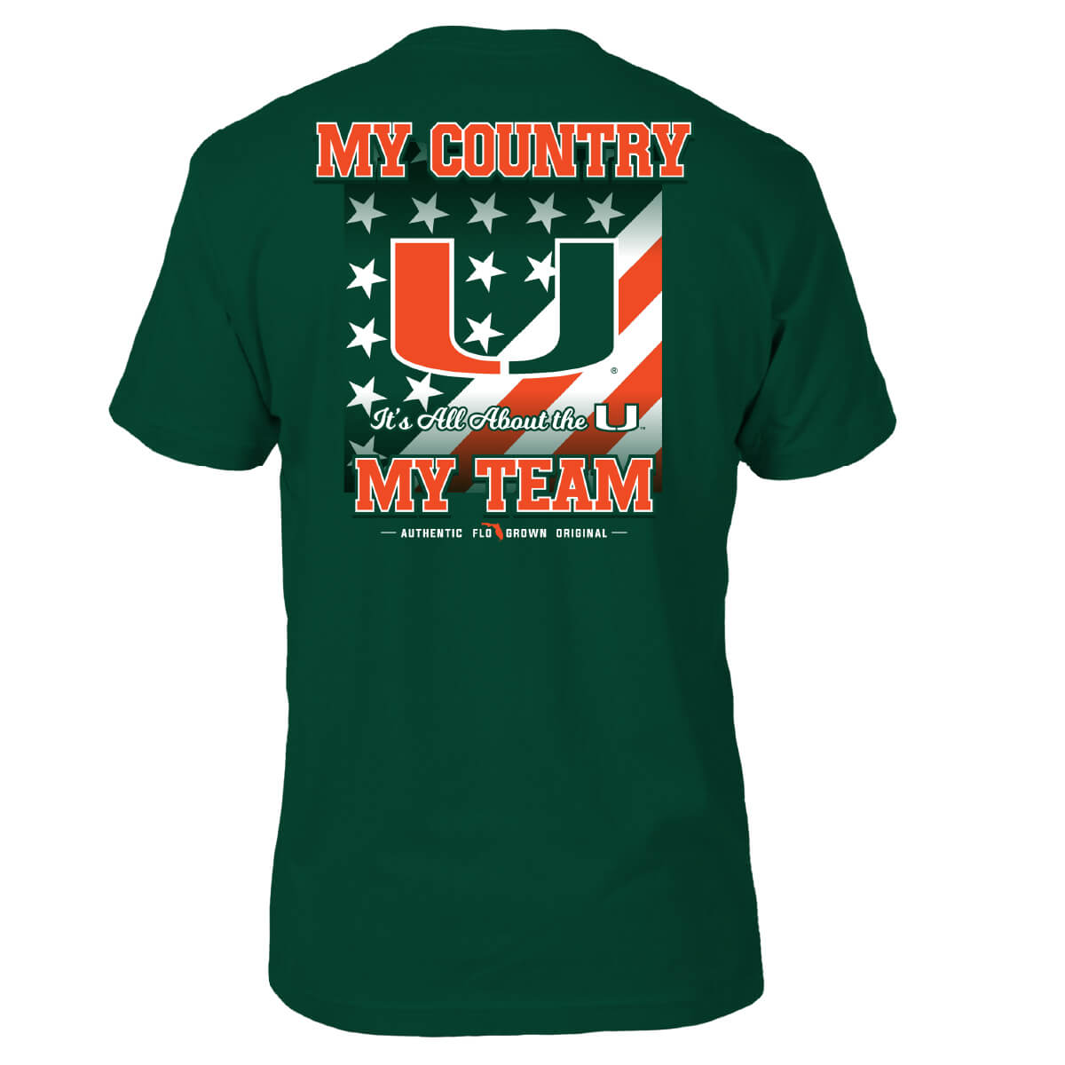 Green tee with a graphic of an American flag on the back in green and orange with the UM logo in the center.