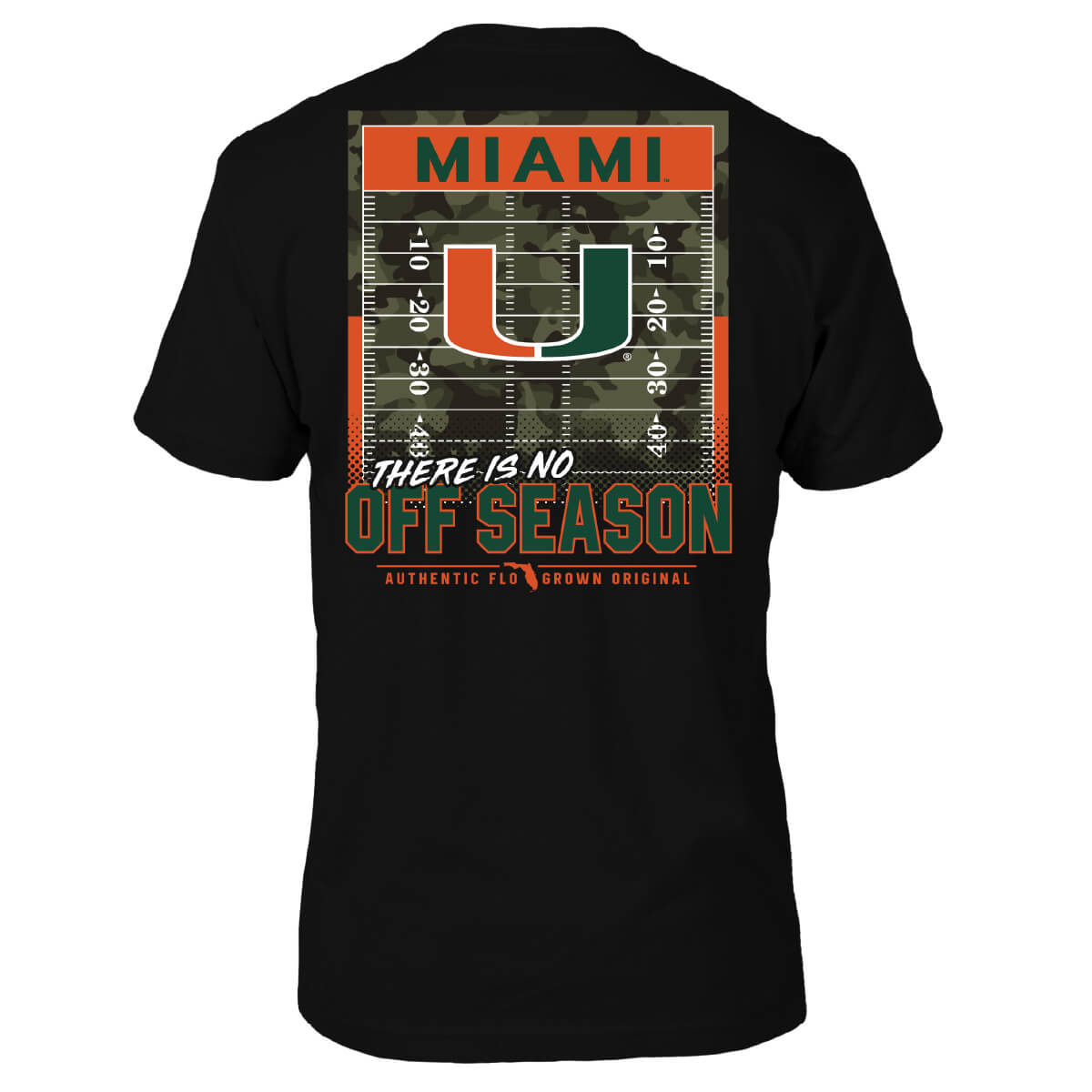 Black tee with a graphic of a football field with a camouflage pattern and text 'THERE IS NO OFF SEASON' with the Miami Hurricanes logo in the center. 