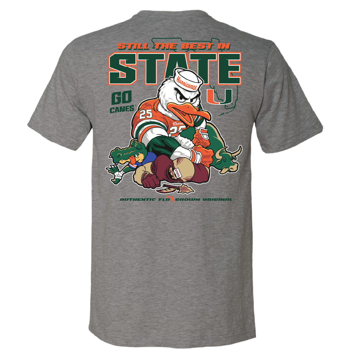 Gray tee with the Miami Hurricanes mascot wrestling a gator and a bull on the back.