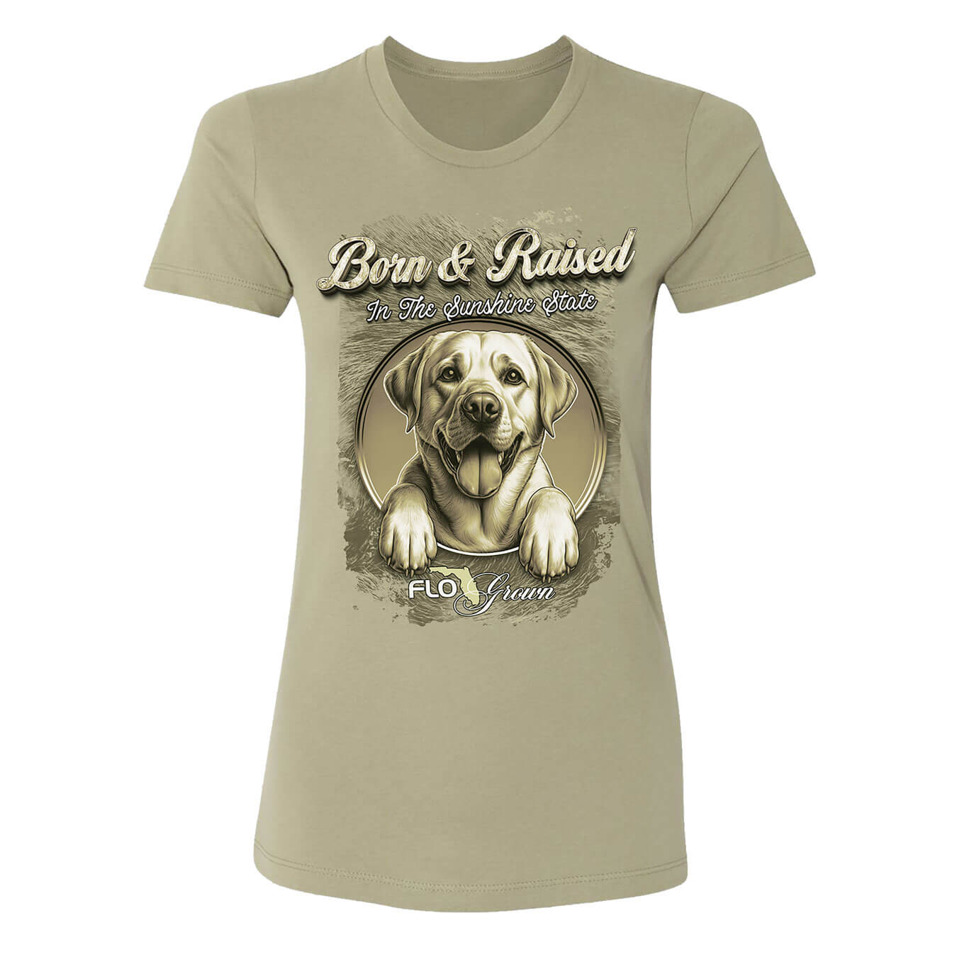 Beige t-shirt with a dog circle graphic and text 'Born & Raised in the Sunshine State'