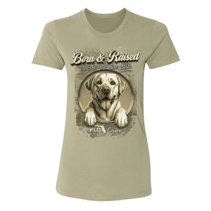Beige t-shirt with a dog circle graphic and text 'Born & Raised in the Sunshine State'
