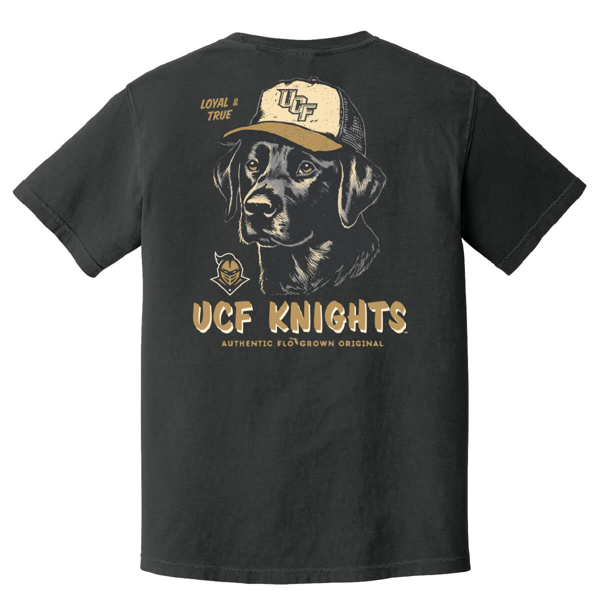 Black shirt with a graphic of a dog wearing a UCF hat and the text 'LOYAL AND TRUE'.