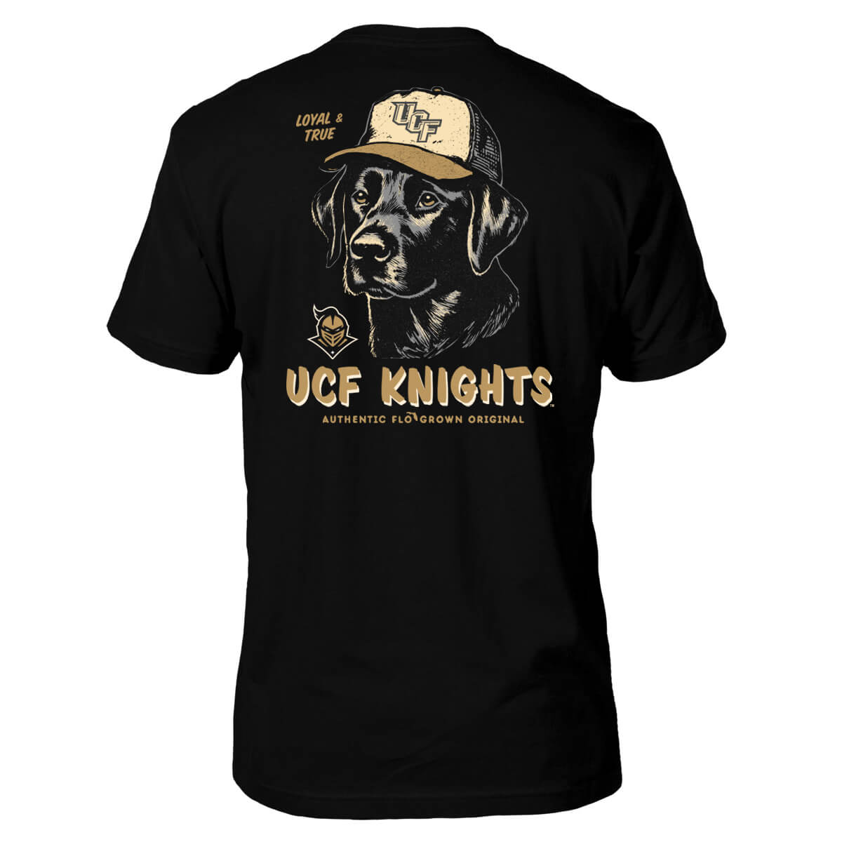 Black shirt with a graphic of a dog wearing a UCF hat and the text 'LOYAL AND TRUE'.