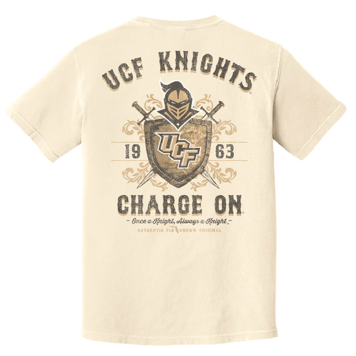 Tan tee with a shield and swords on the back with the UCF Knights logo in the middle and text 'UCF KNIGHTS CHARGE ON'.