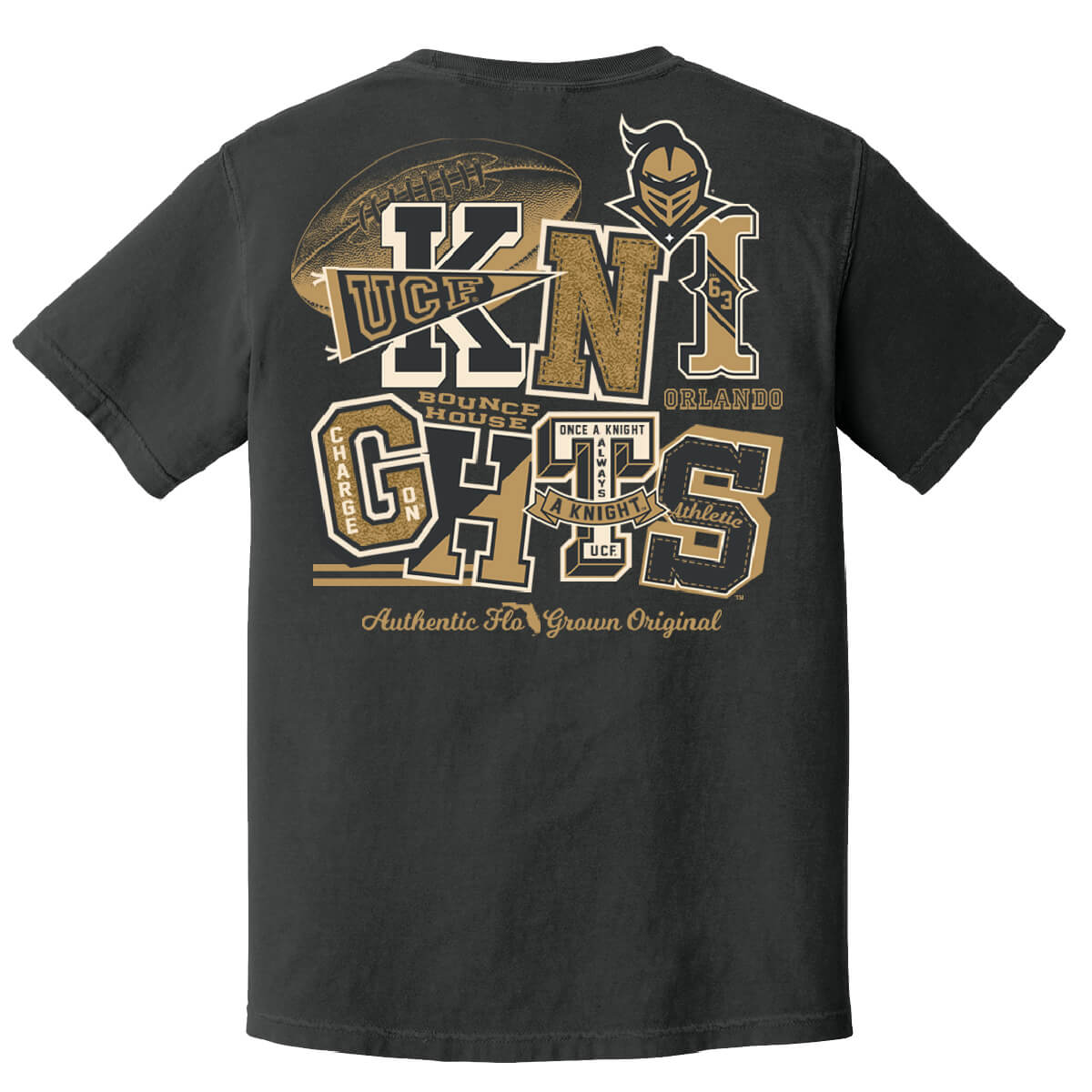 Black tee with a graphic of the text 'KNIGHTS' with differing football-themed objects.