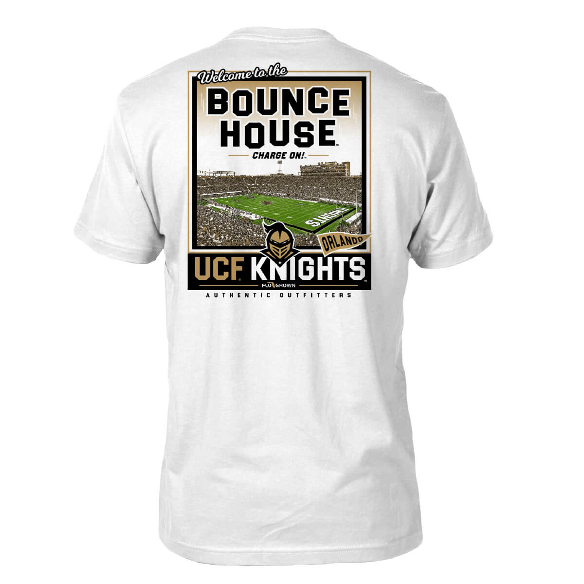 White UCF Knights tee with a graphic of the football stadium and the text 'Welcome to the BOUNCE HOUSE' on the back.