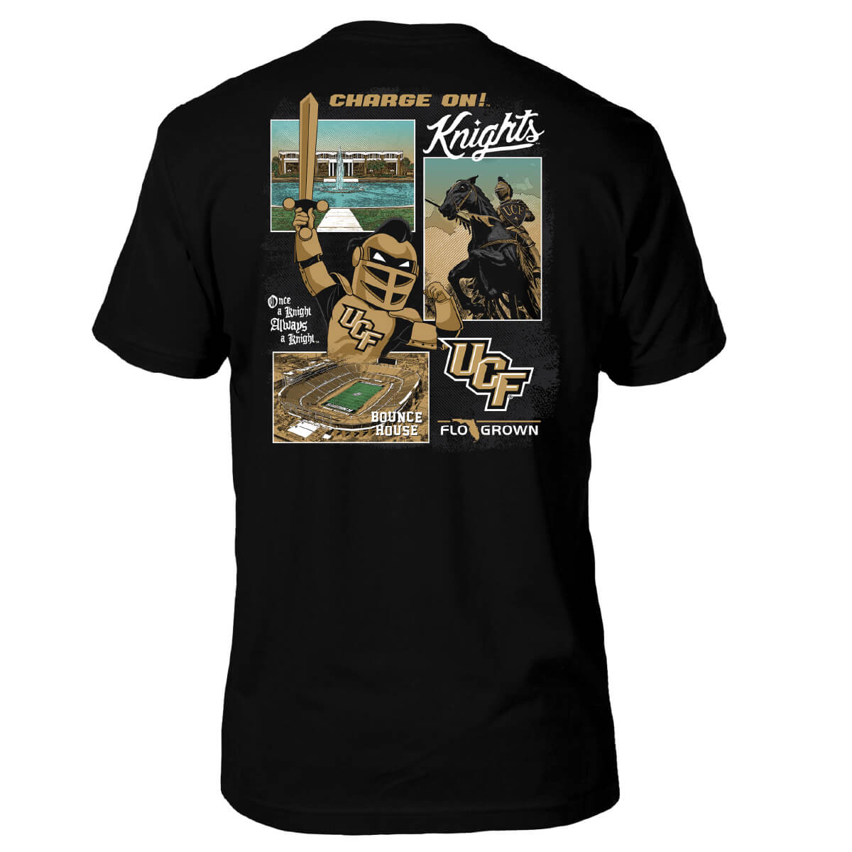 Black tee with a panel graphic of the UCF Knights campus and the mascot with the text 'CHARGE ON!' at the top.