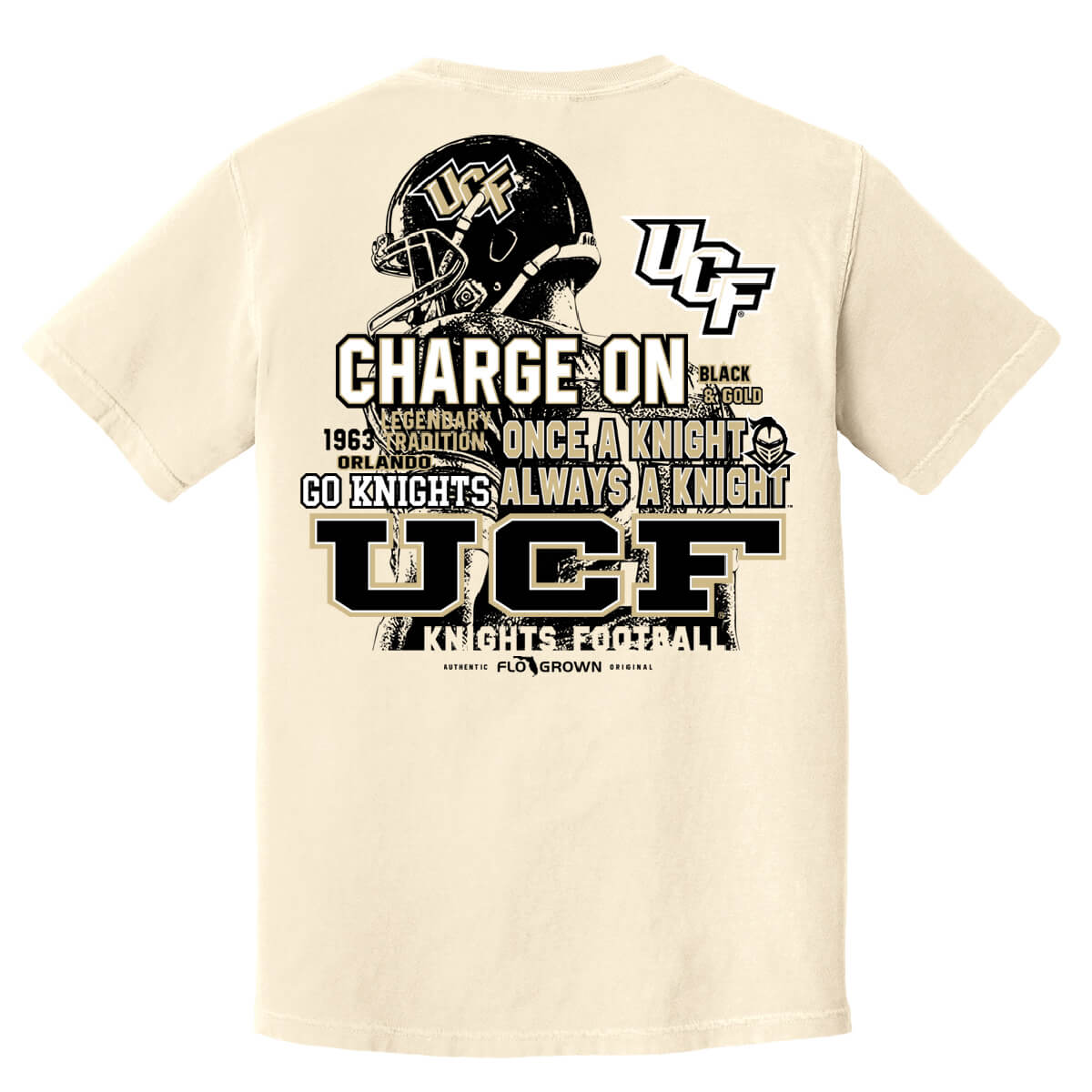 Tan shirt with a graphic of a UCF Knights football player on the back and UCF related text like 'CHARGE ON'.