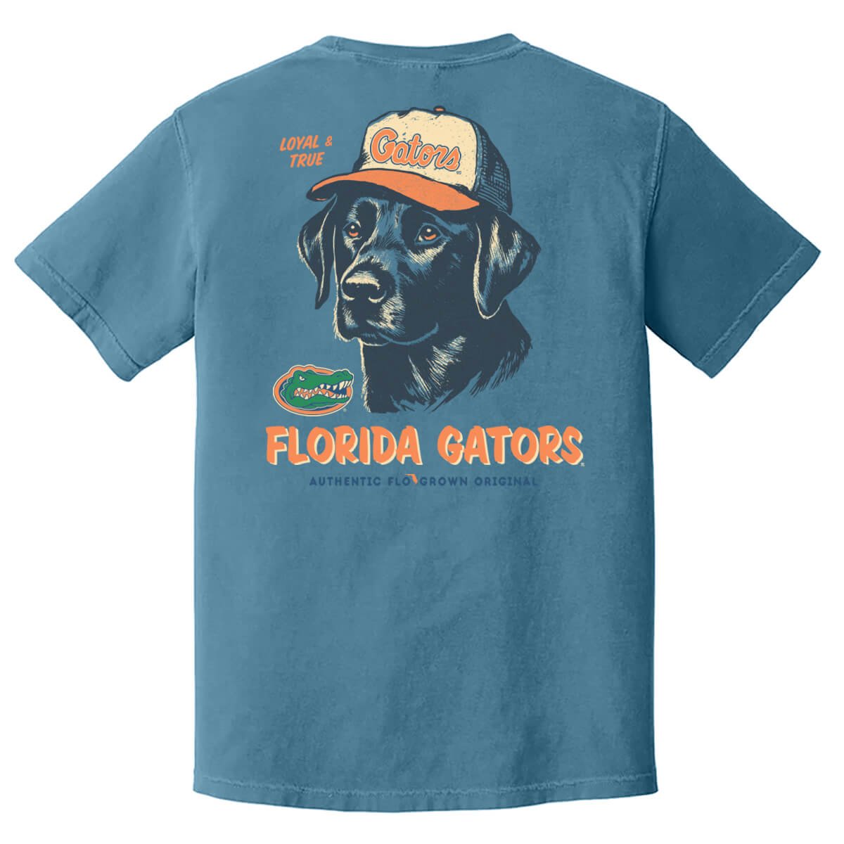 Blue tee with a graphic of a dog wearing a hat with the Florida Gators logo on it.