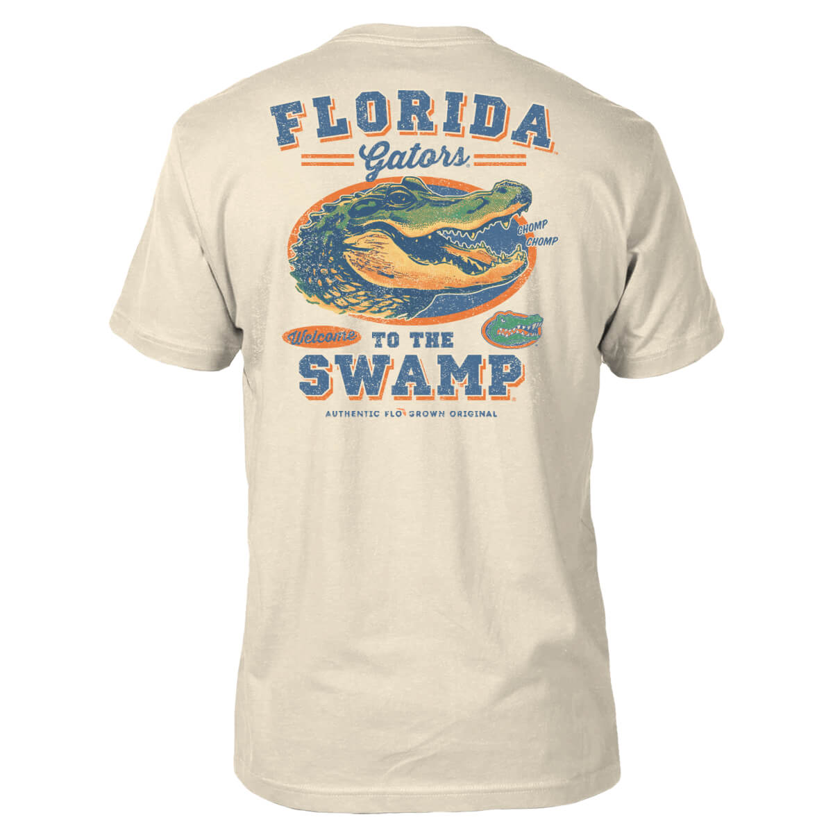 Tan tee with a vintage graphic of a gator on the back and the text 'FLORIDA GATORS WELCOME TO THE SWAMP'.